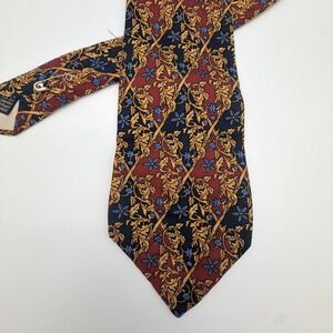 Pierre Balmain Paris Silk Tie Ornate Floral Pattern Gold Navy Burgundy